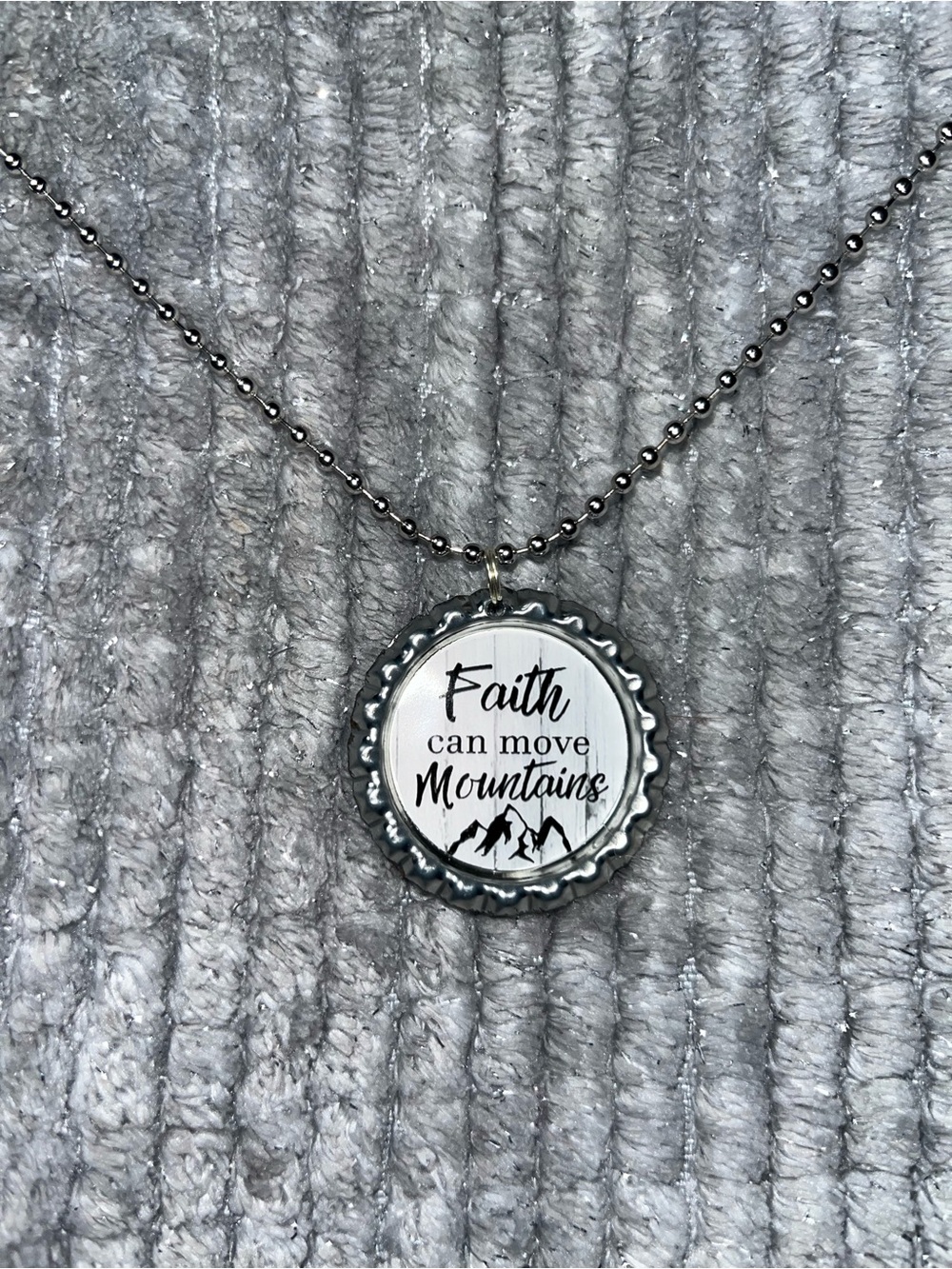 Faith Can Move Mountains Bottle Cap Pendant Necklace - Silver & White